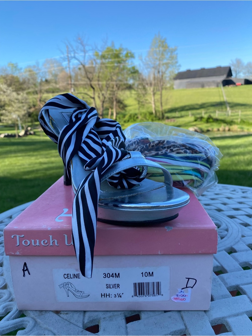 Touch Ups Silver Strappy Heels with Black & White Tie